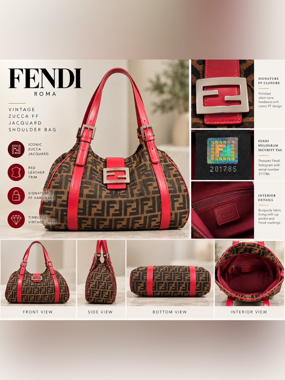 Fendi Vintage Zucca FF Jacquard Tote Shoulder Bag Red Leather Silver Hardware